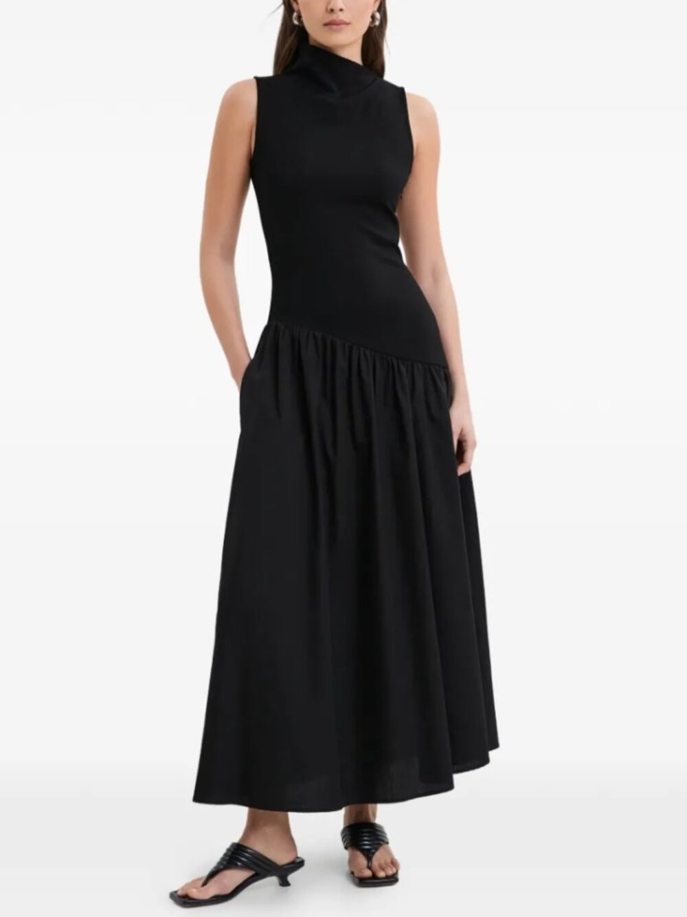 Marcella Black Hutton High-Neck Pocket Maxi Dress Asymmetrical Size XS NWOT